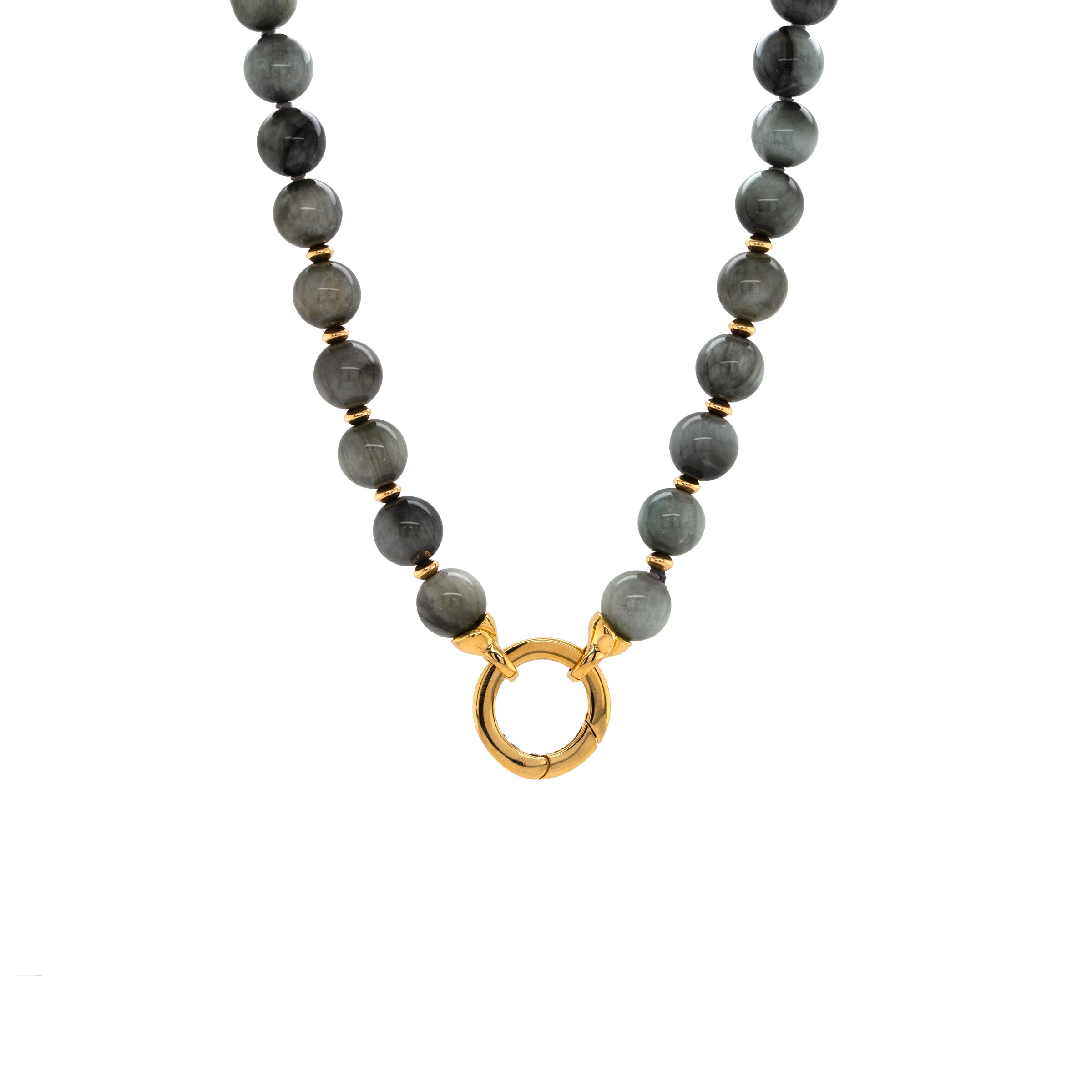 Eagle Eye Necklace, necklace with gray beads and a gold clasp on a white background