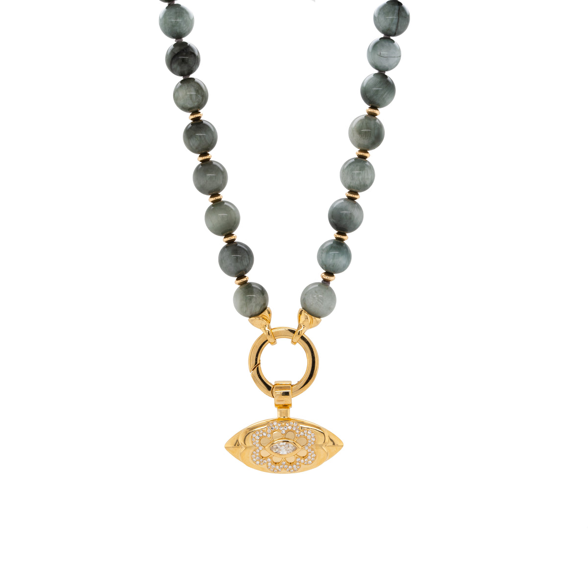 Eagle Eye Necklace with Floral Evil Eye Amulet, necklace with gray beads and gold evil eye amulet on a white background