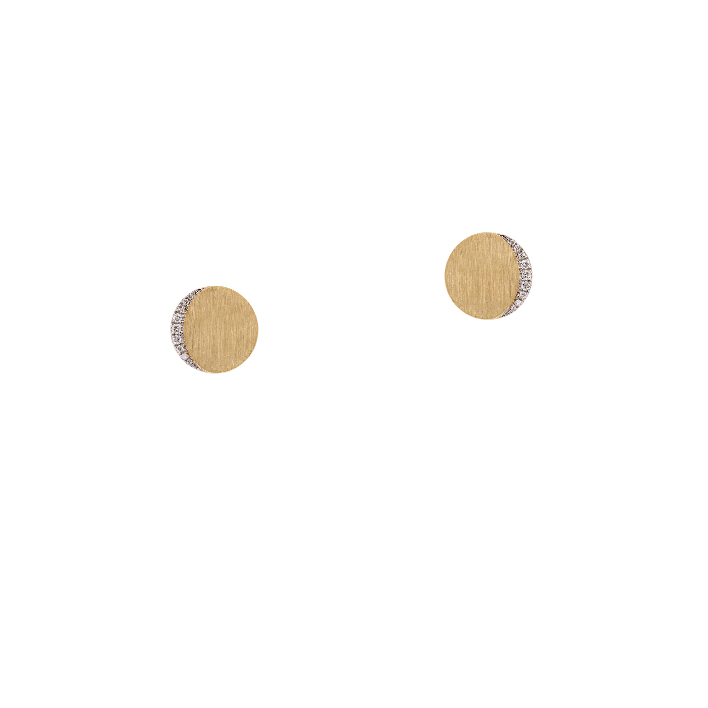 Eclipse Studs: A pair of yellow gold stud earrings with diamond accents on the edge, showing a minimalist design.