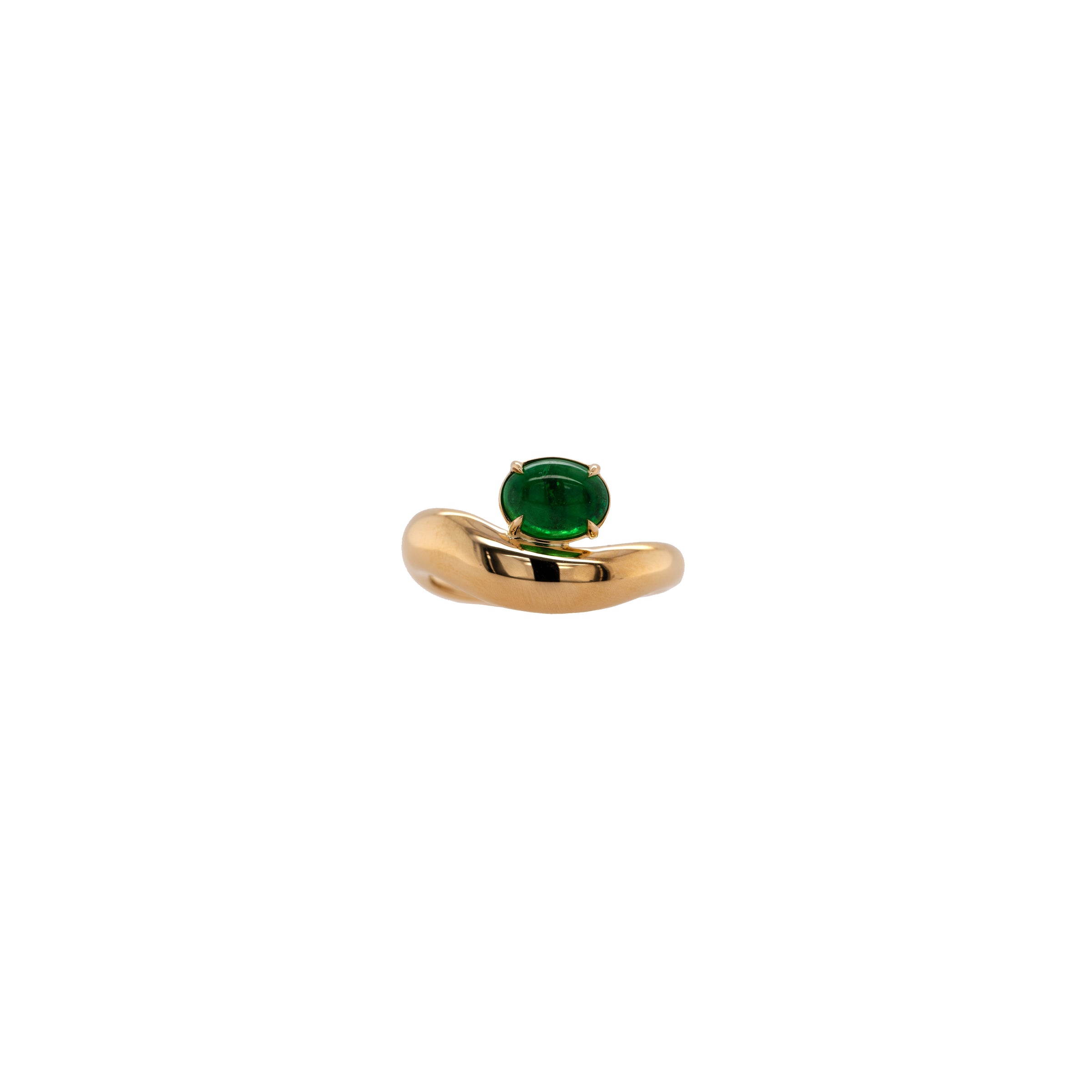 front view of 14K gold ring with a green gemstone, Floating Tsavorite Ring, on a white background