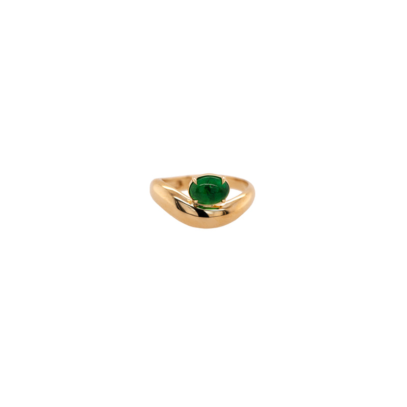 topview of 14K gold ring with a green gemstone, Floating Tsavorite Ring, on a white background