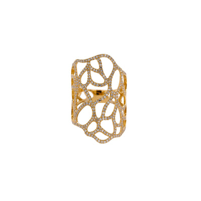 Flora Ring: A 14K gold diamond ring with a geometric pattern, featuring a yellow gold band and multiple diamonds.
