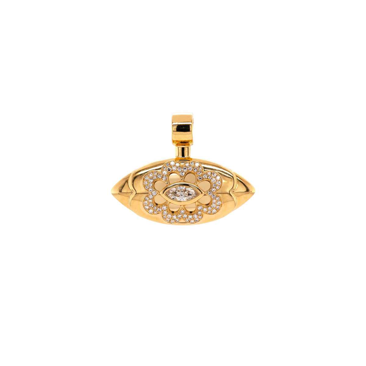 Front View of Floral Evil Eye Amulet, 14K Gold pendant with floral design on a white background