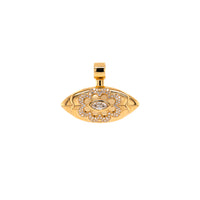 Front View of Floral Evil Eye Amulet, 14K Gold pendant with floral design on a white background