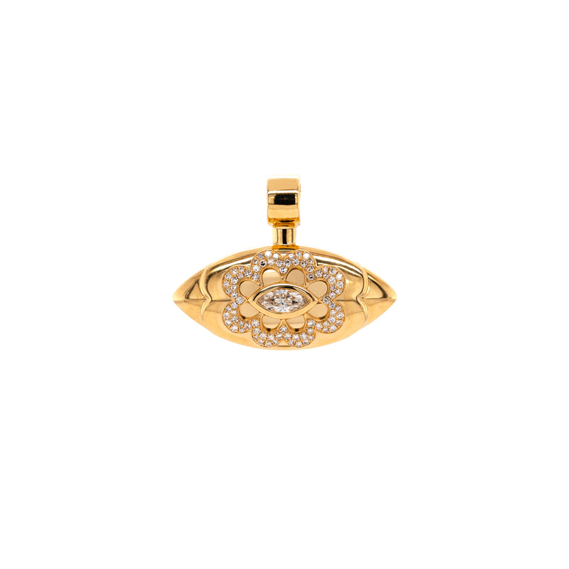 Front View of Floral Evil Eye Amulet, 14K Gold pendant with floral design on a white background