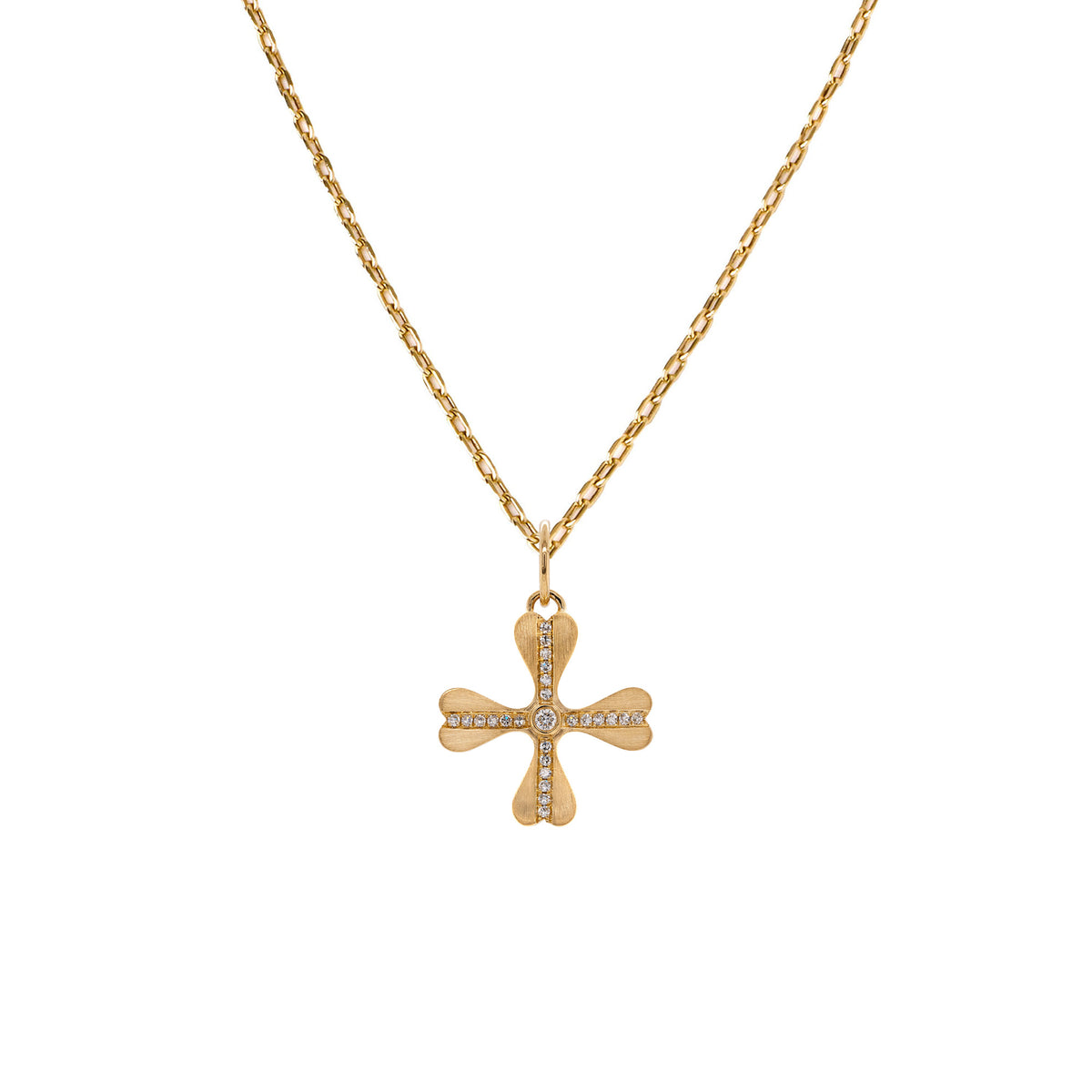 Floral Necklace: A gold floral pendant with a diamond-encrusted center on a chain.