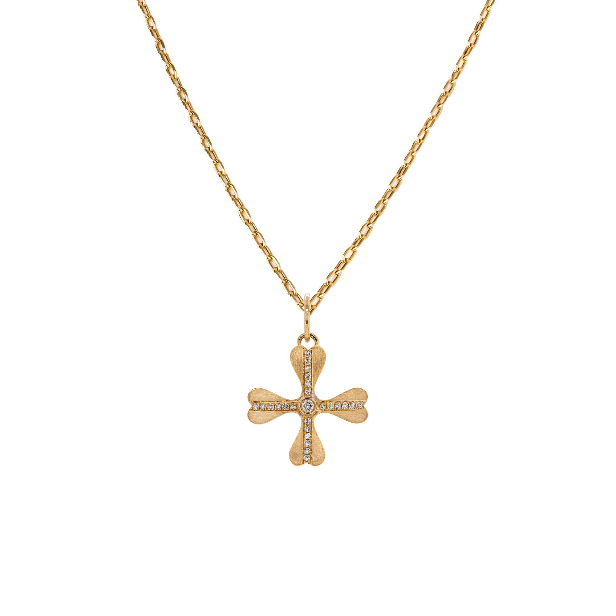 Floral Necklace: A gold floral pendant with a diamond-encrusted center on a chain.