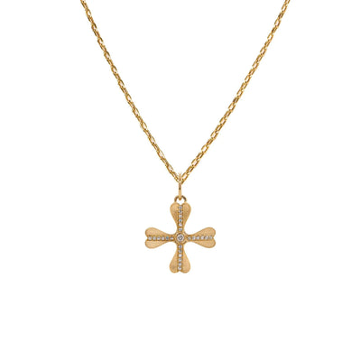 Floral Necklace: A gold floral pendant with a diamond-encrusted center on a chain.