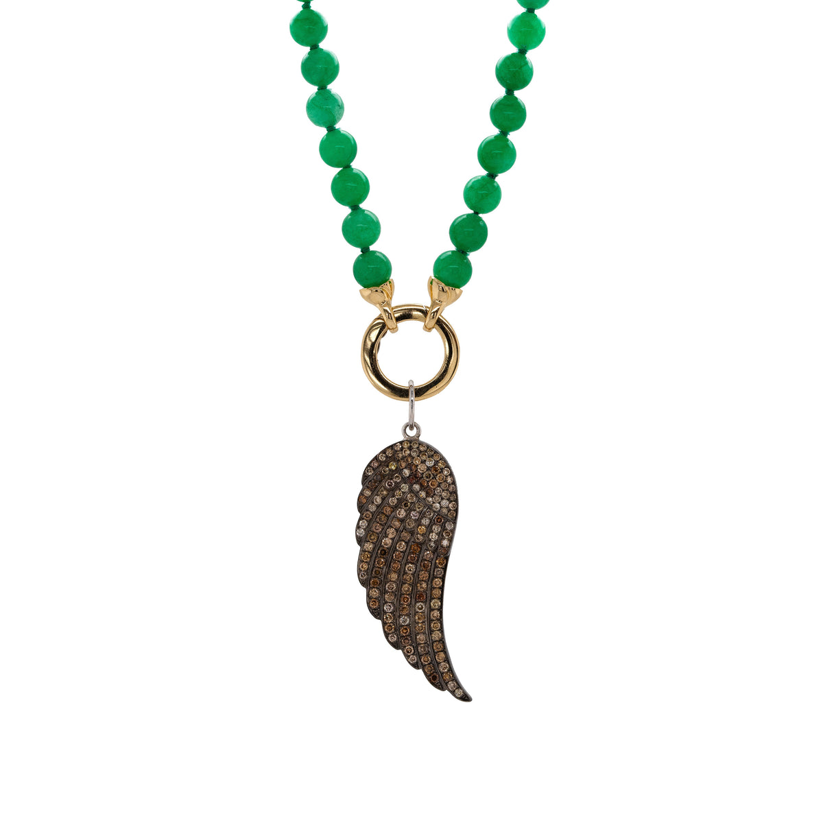 Burmese Jade Necklace with the Diamond Wing Pendant: An 18-inch-long green Burmese jade necklace with a 6mm width, featuring a 14K gold round charm clasp attached to a wing-shaped pendant.