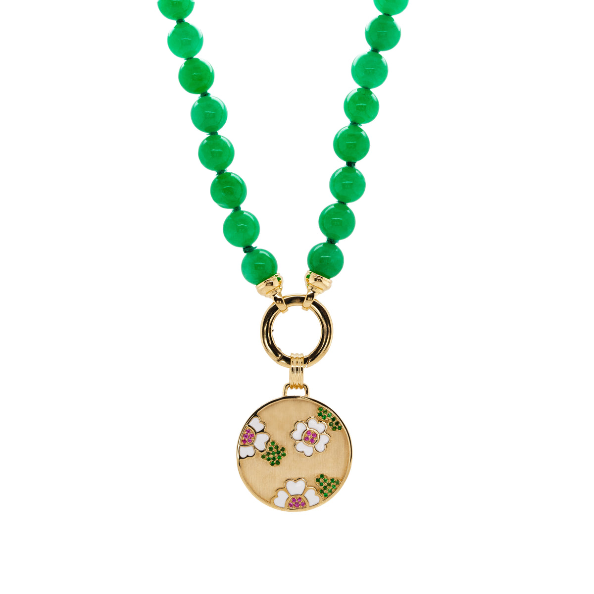 Garden Medallion Burmese Jade Necklace: A gold medallion with a floral garden pattern on a chain of green jade beads.