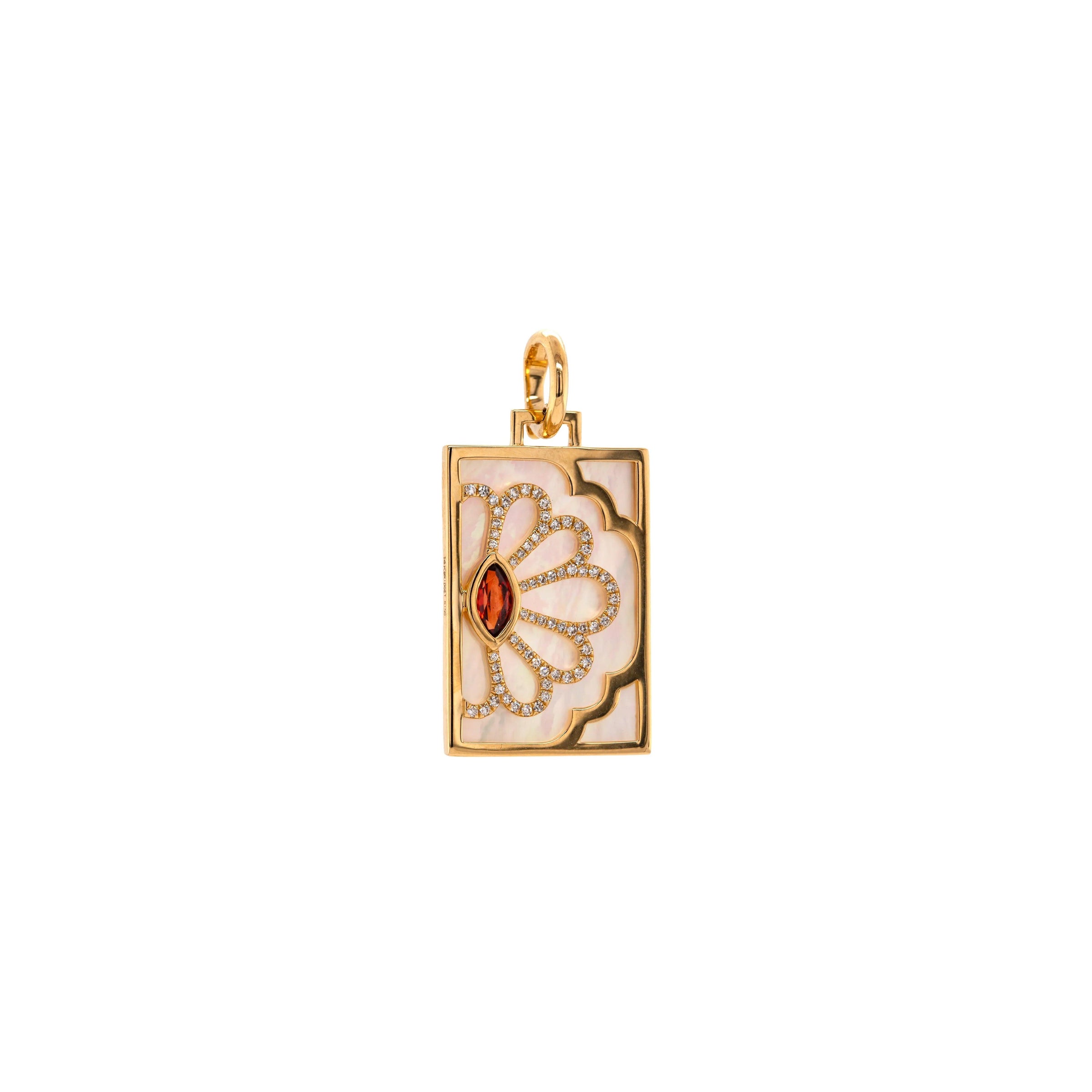 Garnet Floral Evil Eye Dog Tag, 14K Gold pendant with a red gemstone on a white background