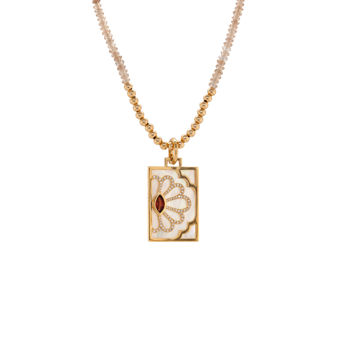 Garnet Floral Evil Eye Dog Tag, 14K Gold necklace with a rectangular pendant featuring a red gemstone on a white background