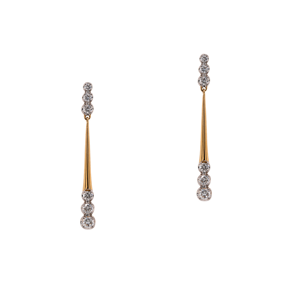 Pair of 14K gold earrings with diamonds, Glitter Drop Earrings, on a white background
