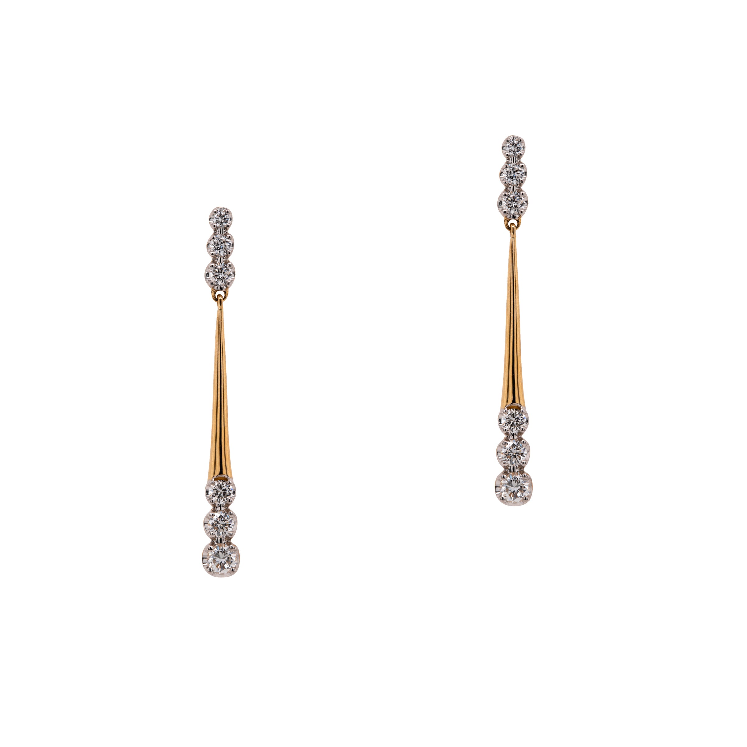 Pair of 14K gold earrings with diamonds, Glitter Drop Earrings, on a white background