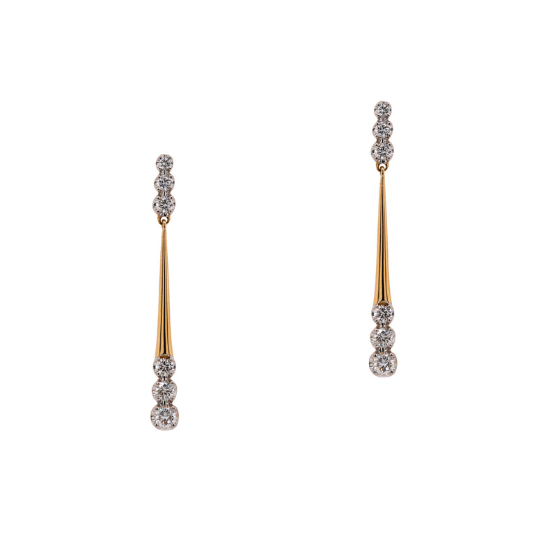 Pair of 14K gold earrings with diamonds, Glitter Drop Earrings, on a white background