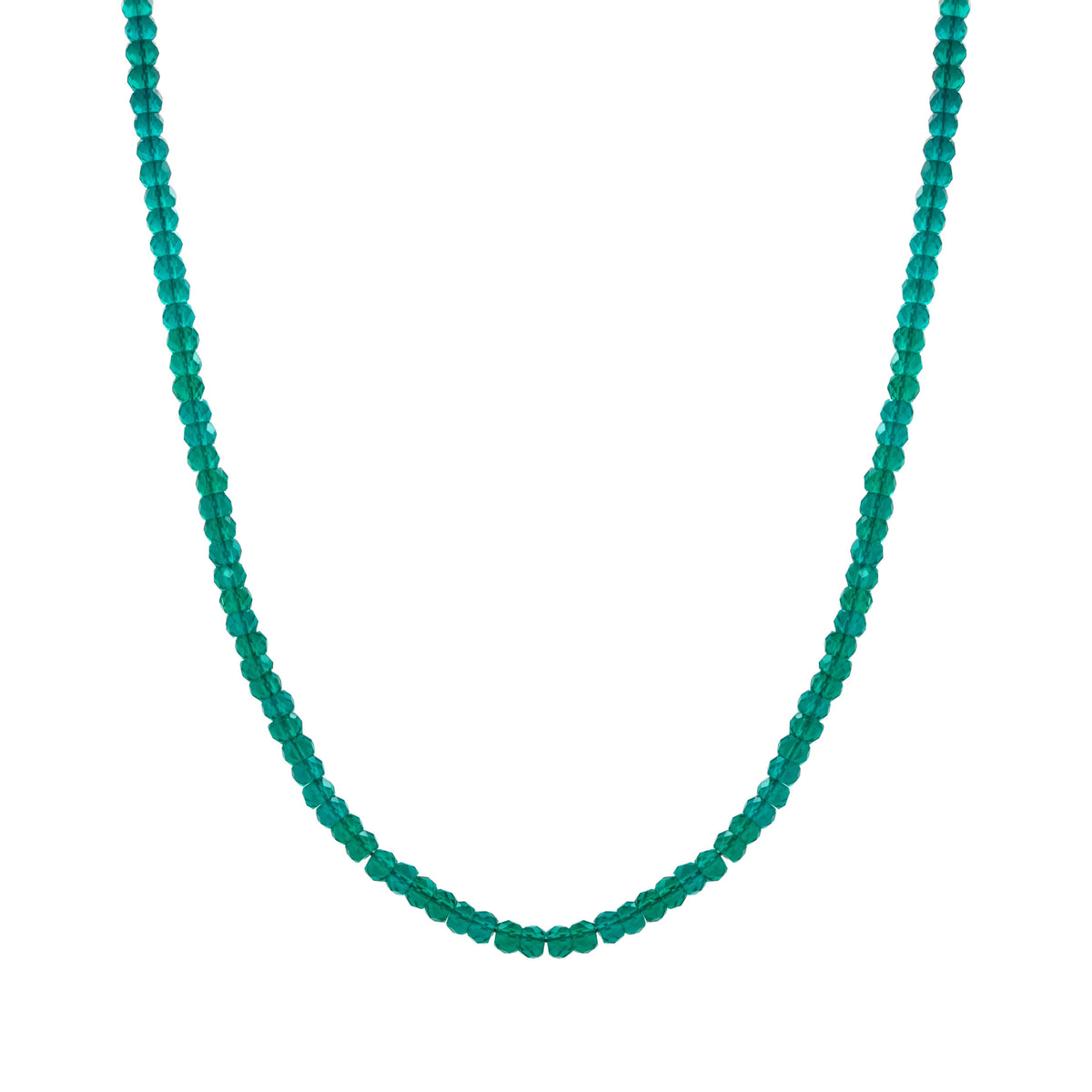 Green Onyx 3mm Necklace: Teal beaded necklace on a white background