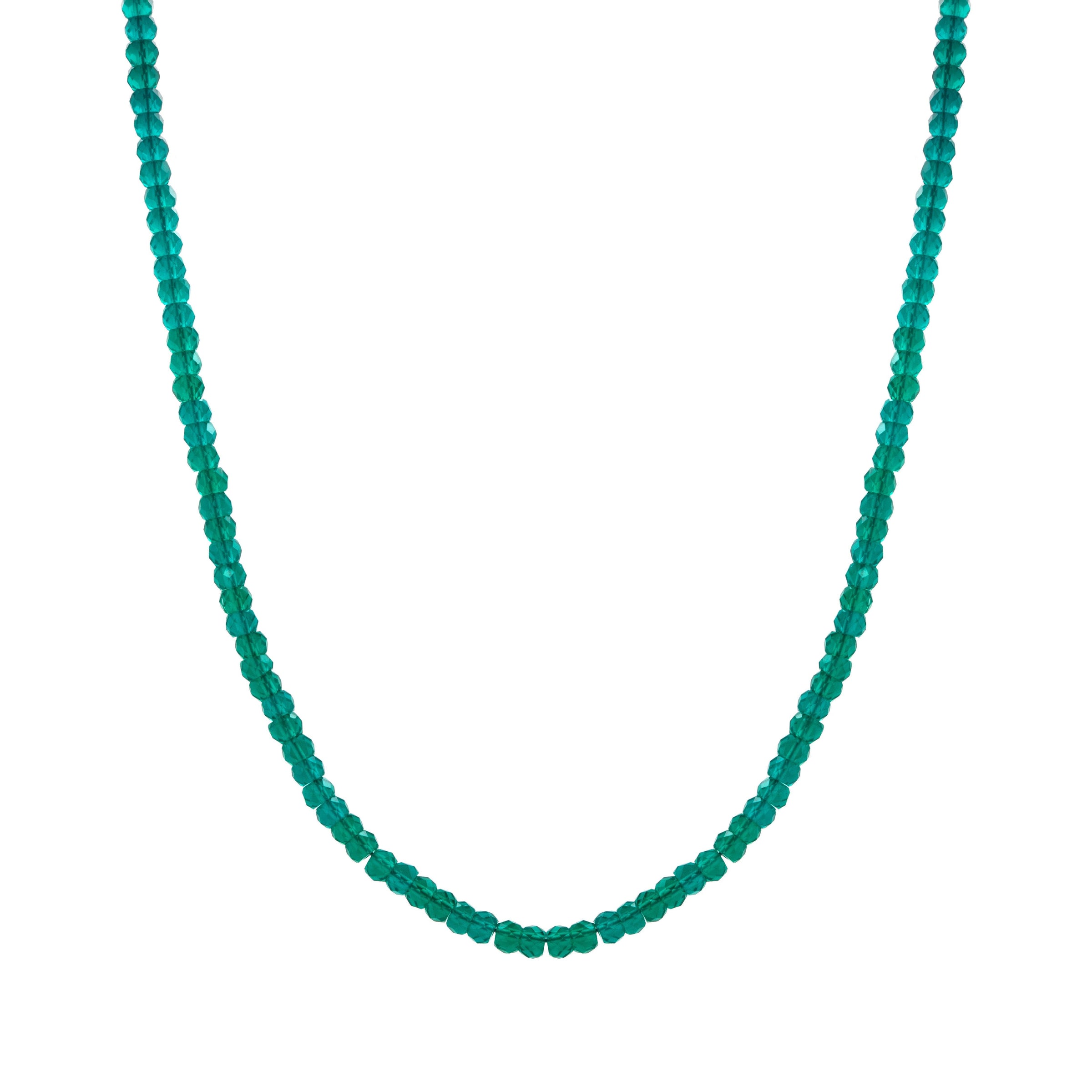 Green Onyx 3mm Necklace: Teal beaded necklace on a white background