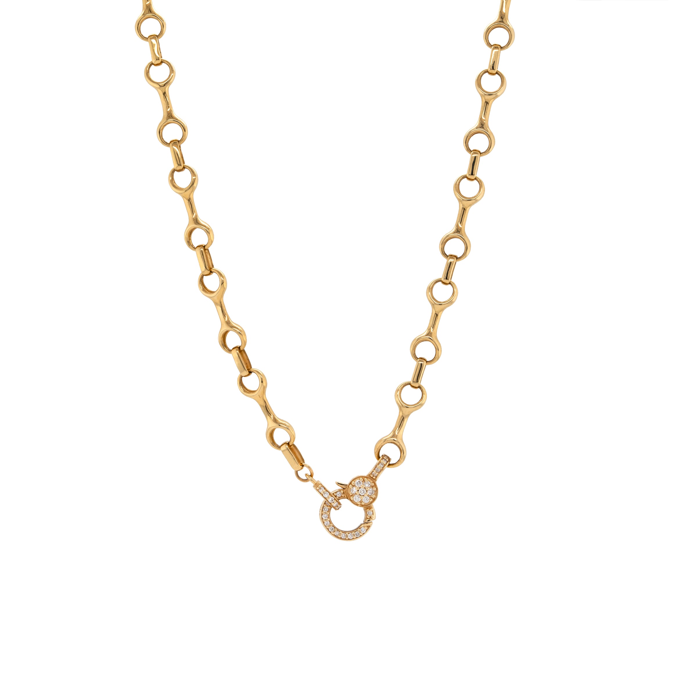 Horsebit Link Diamond Necklace, 14K Gold chain necklace with a small diamond clasp on a white background