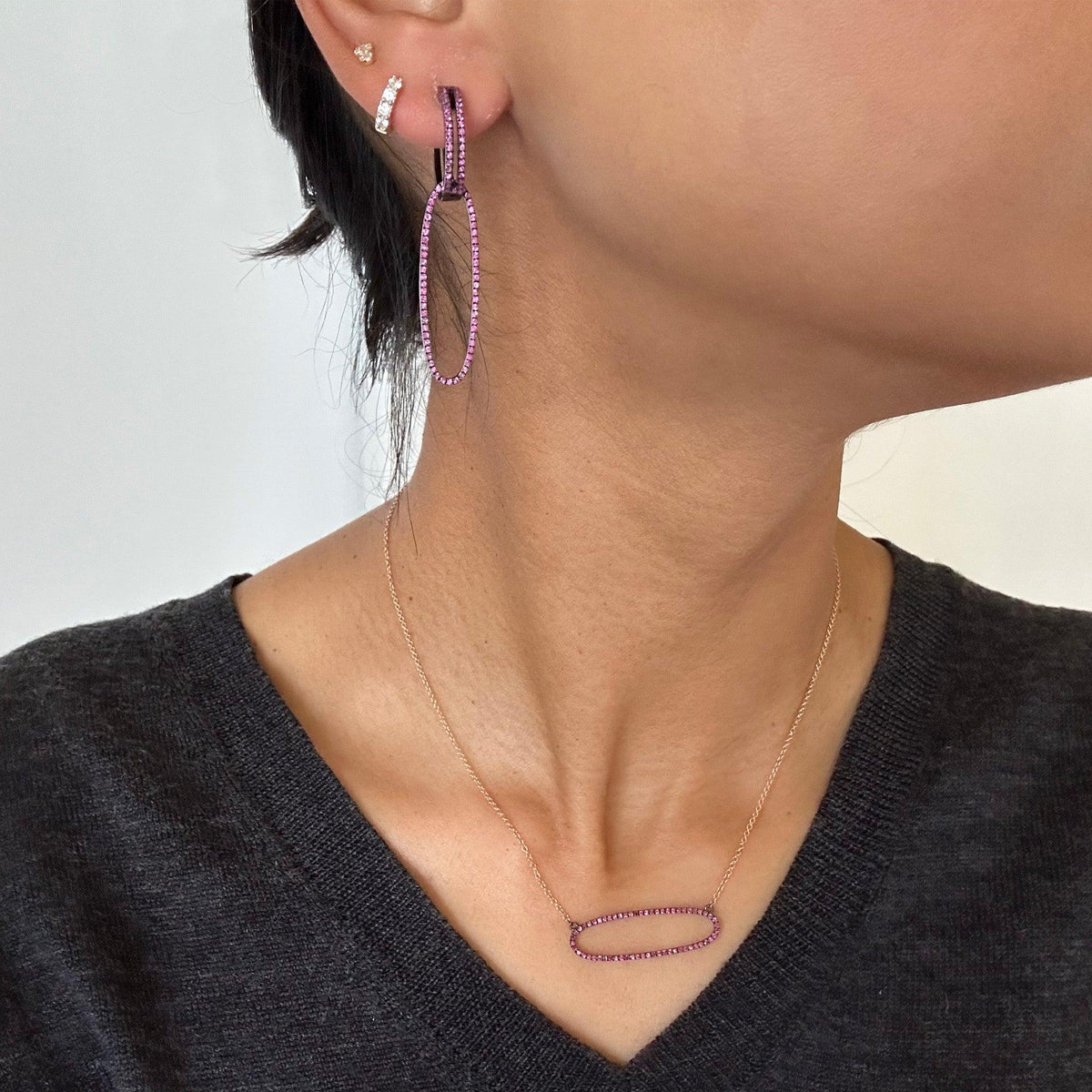 PINK SAPPHIRE OPEN BAR HUGGIES w/ REVERSIBLE PINK SAPPHIRE & WHITE SAPPHIRE OVAL EARRING EXTENSIONS