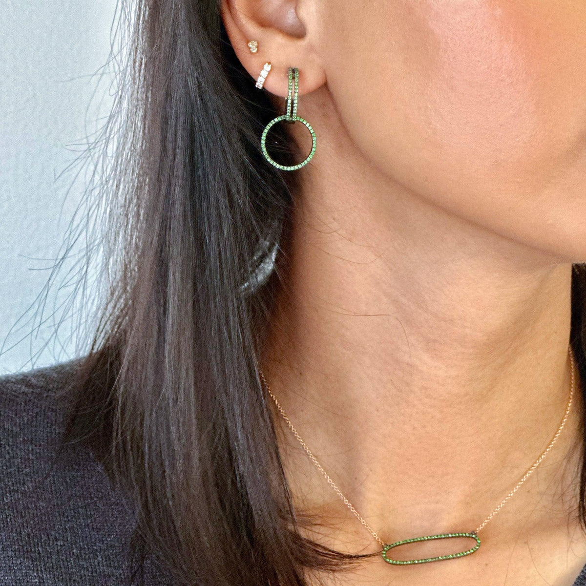 GREEN GARNET OPEN BAR HUGGIES w/ REVERSIBLE GREEN GARNET & BLACK SPINEL ROUND EARRING EXTENSIONS