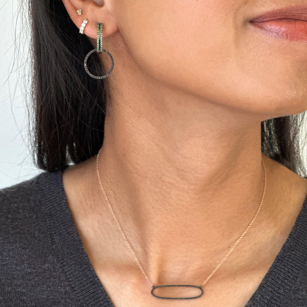 GREEN GARNET OPEN BAR HUGGIES w/ REVERSIBLE GREEN GARNET & BLACK SPINEL ROUND EARRING EXTENSIONS