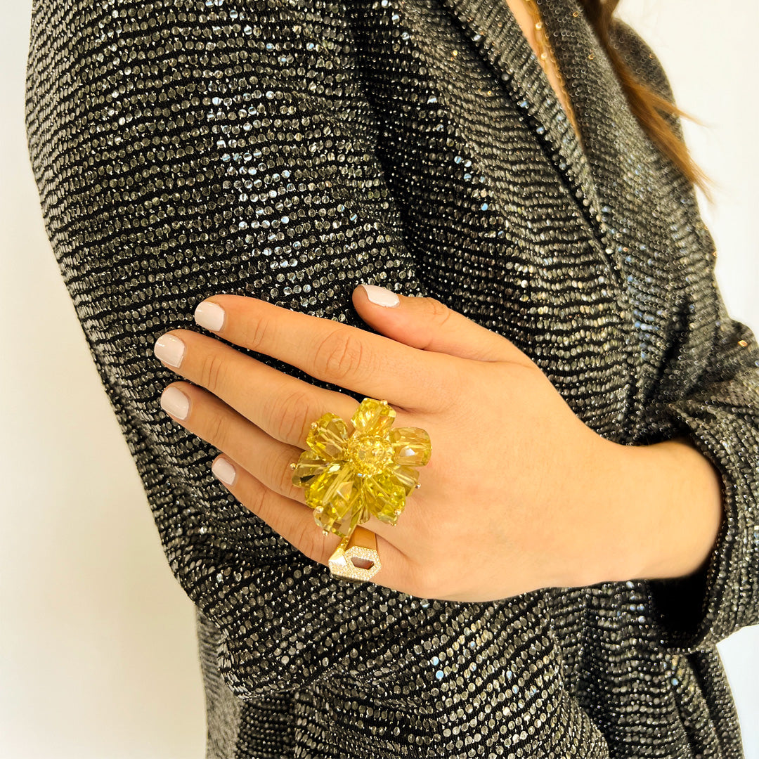 Hand wearing the Citrine Pom Pom Ring and the "b" Alphabet Signet Ring