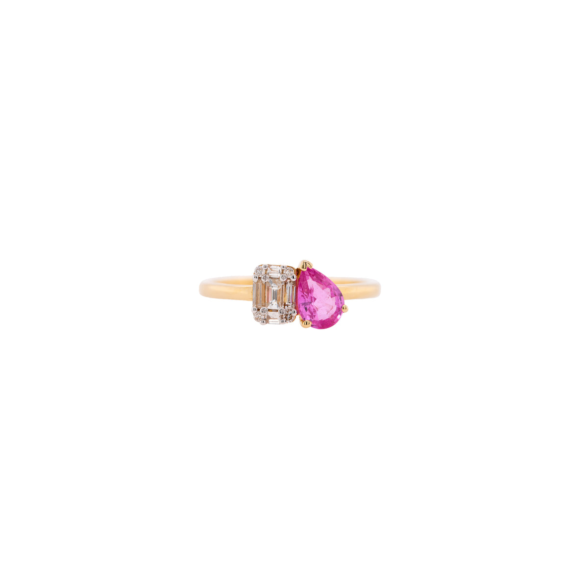 Illusion Diamond & Pink Sapphire Ring: A 14K gold ring featuring a pink sapphire center stone with smaller diamonds around it.
