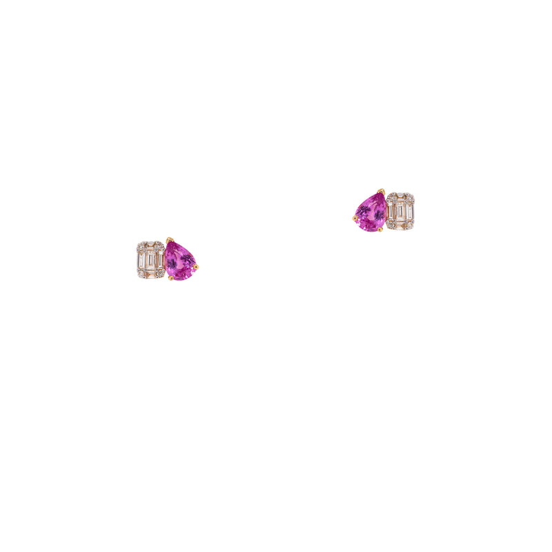 Illusion Diamond & Pink Sapphire Studs: A pair of 14K gold stud earrings featuring a large pink sapphire and a small diamond