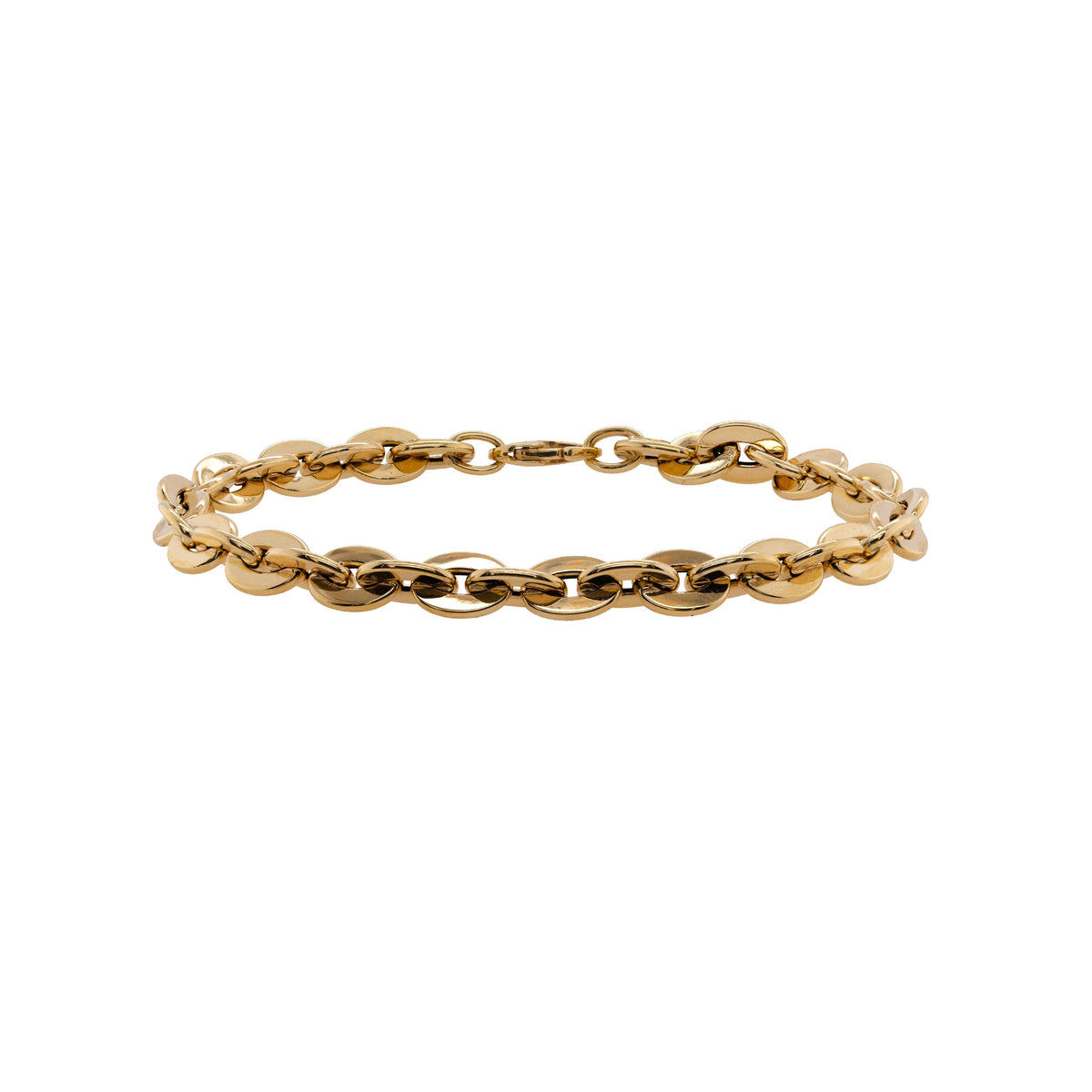 Interlocking Disc Bracelet: 14K gold chain bracelet on a white background