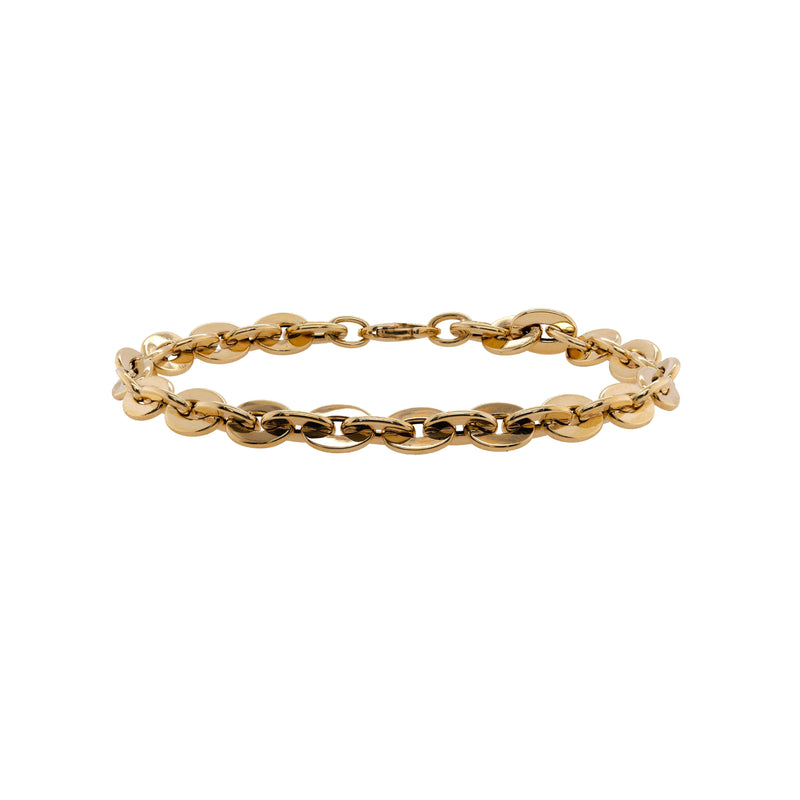 Interlocking Disc Bracelet: 14K gold chain bracelet on a white background