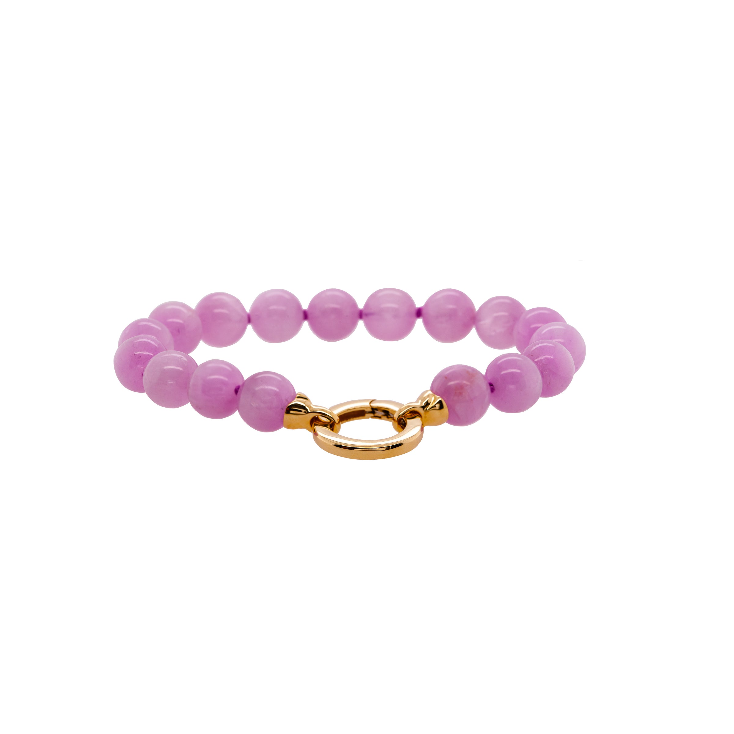  Kunzite Bracelet: A bracelet with a gold-tone clasp, featuring a series of pink oval-shaped beads 