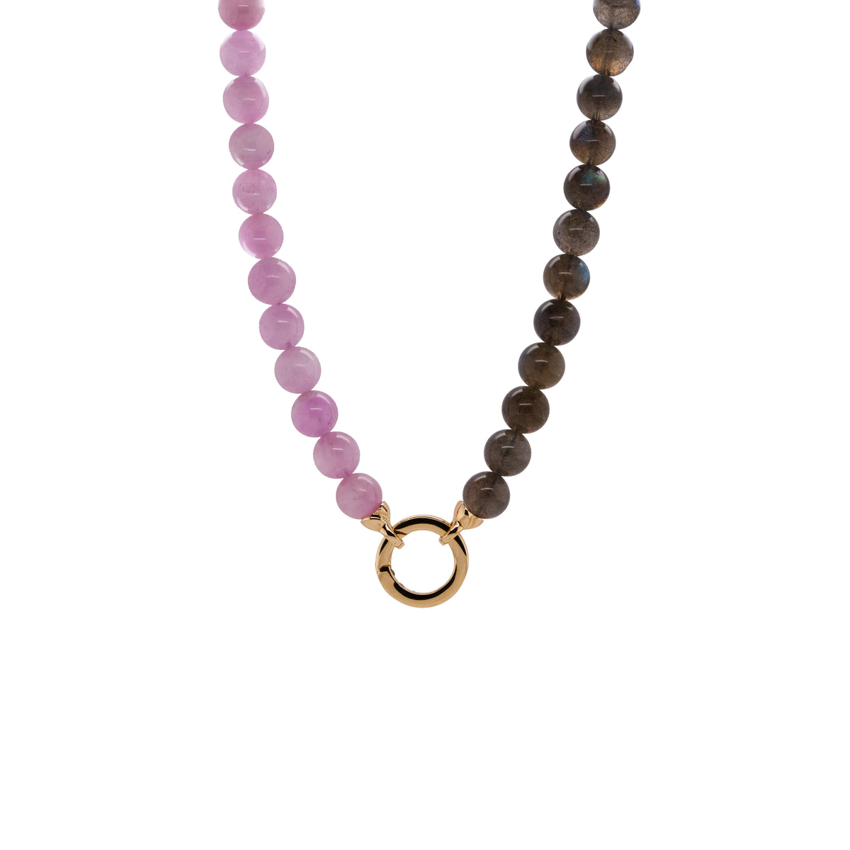 Kunzite & Labradorite Necklace: Pink and Grey round beads with 14K gold round clasp 