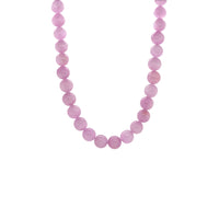 Kunzite Necklace: A necklace with purple pink round beads and gold beads, featuring a gold ring clasp.