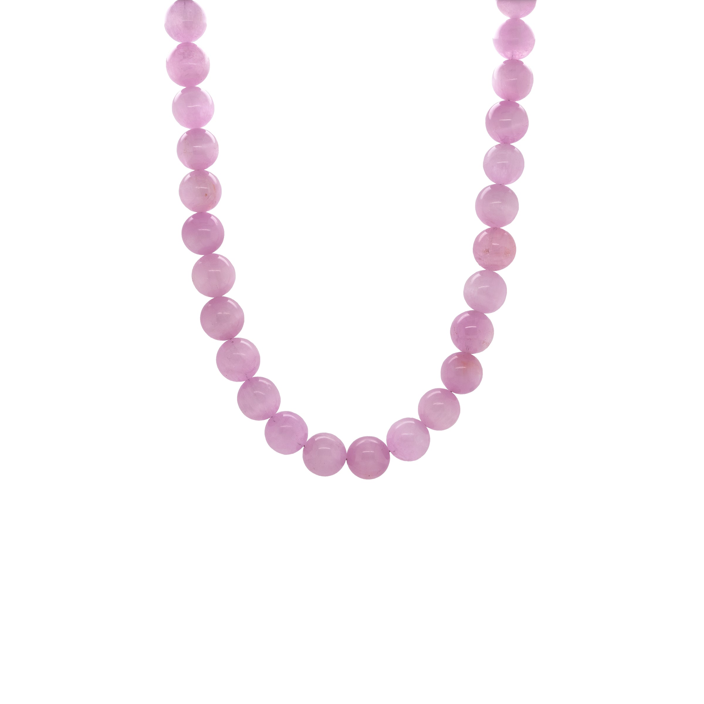 Kunzite Necklace: A necklace with purple pink round beads and gold beads, featuring a gold ring clasp.