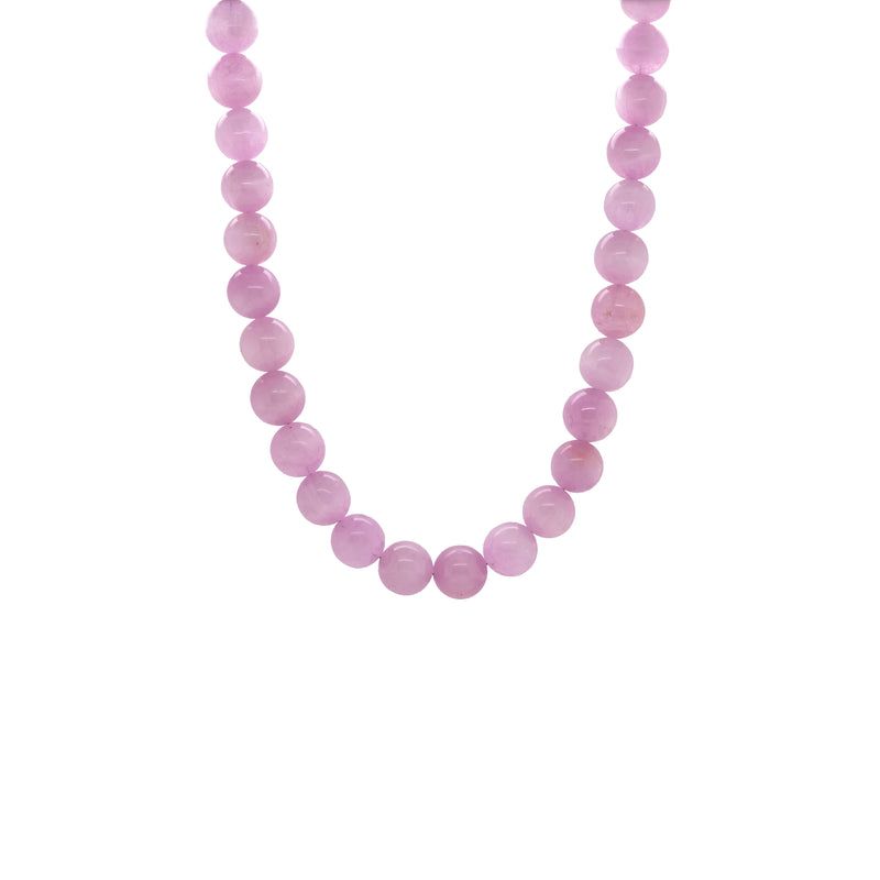 Kunzite Necklace: A necklace with purple pink round beads and gold beads, featuring a gold ring clasp.