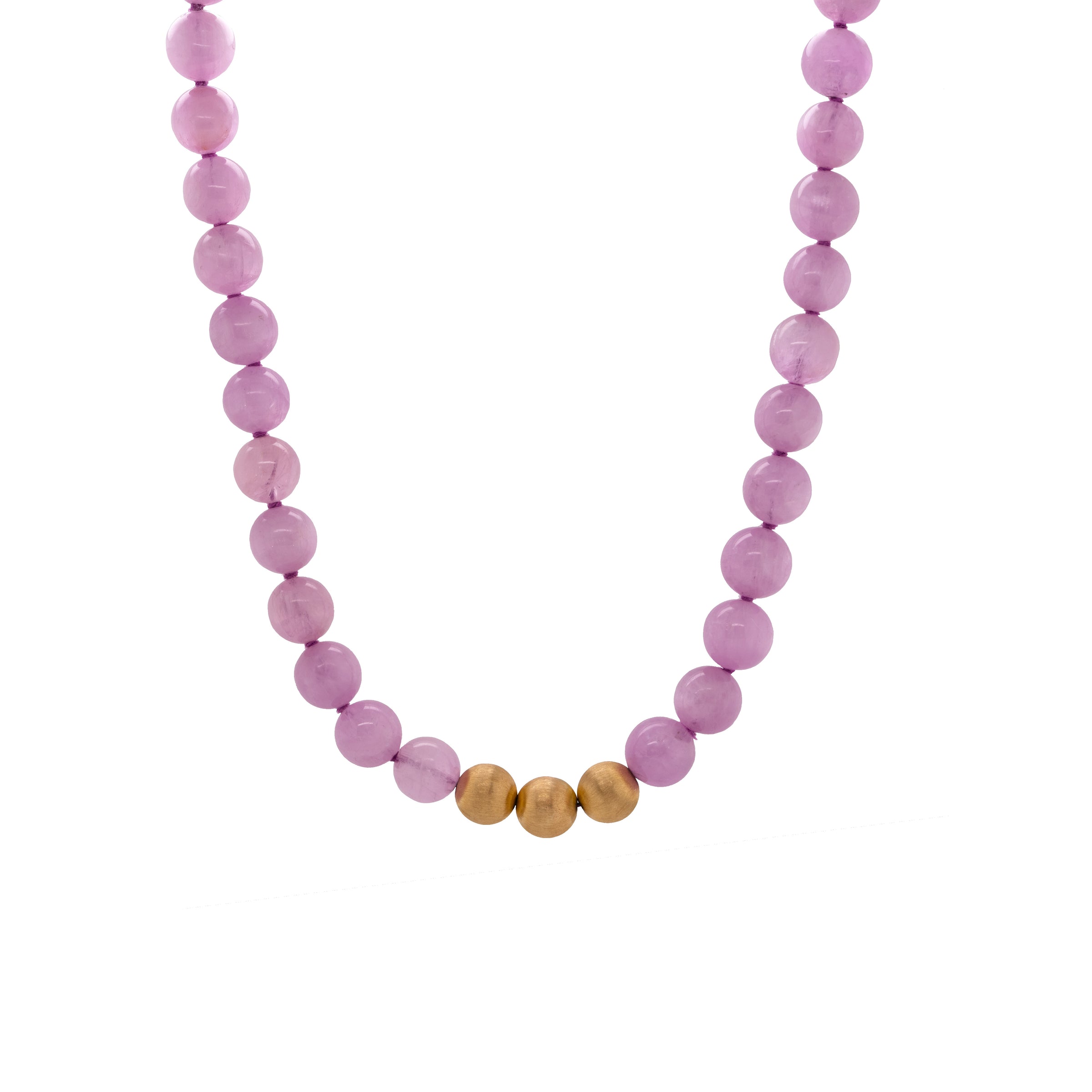 Kunzite Necklace: A necklace with purple pink round beads and gold beads, featuring a gold ring clasp.