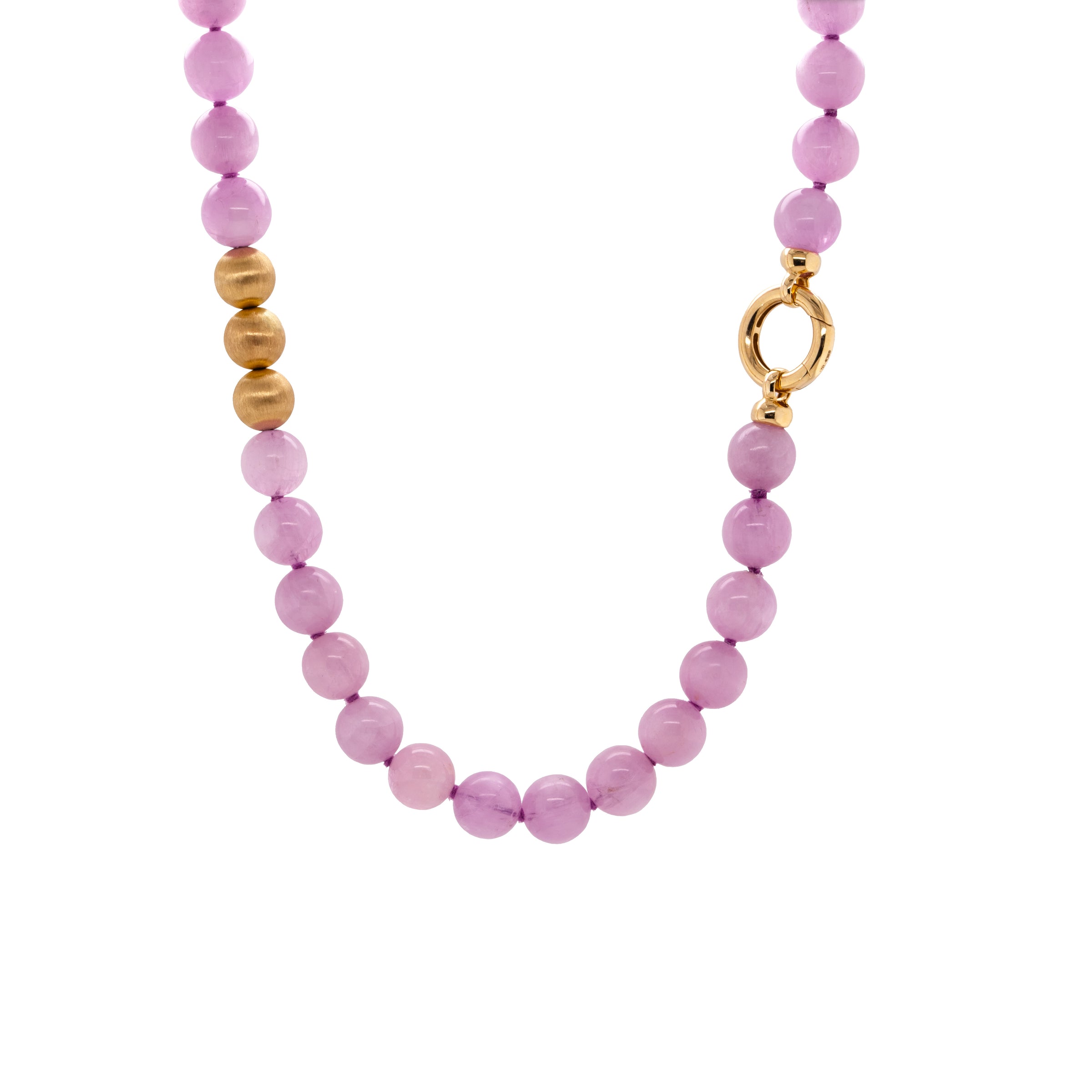 Kunzite Necklace: A necklace with purple pink round beads and gold beads, featuring a gold ring clasp.