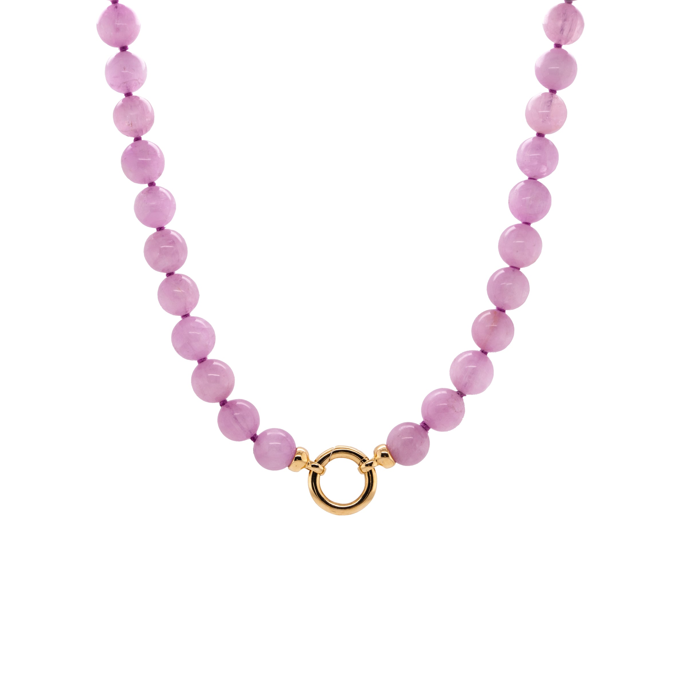 Kunzite Necklace: A necklace with purple pink round beads and gold beads, featuring a gold ring clasp.