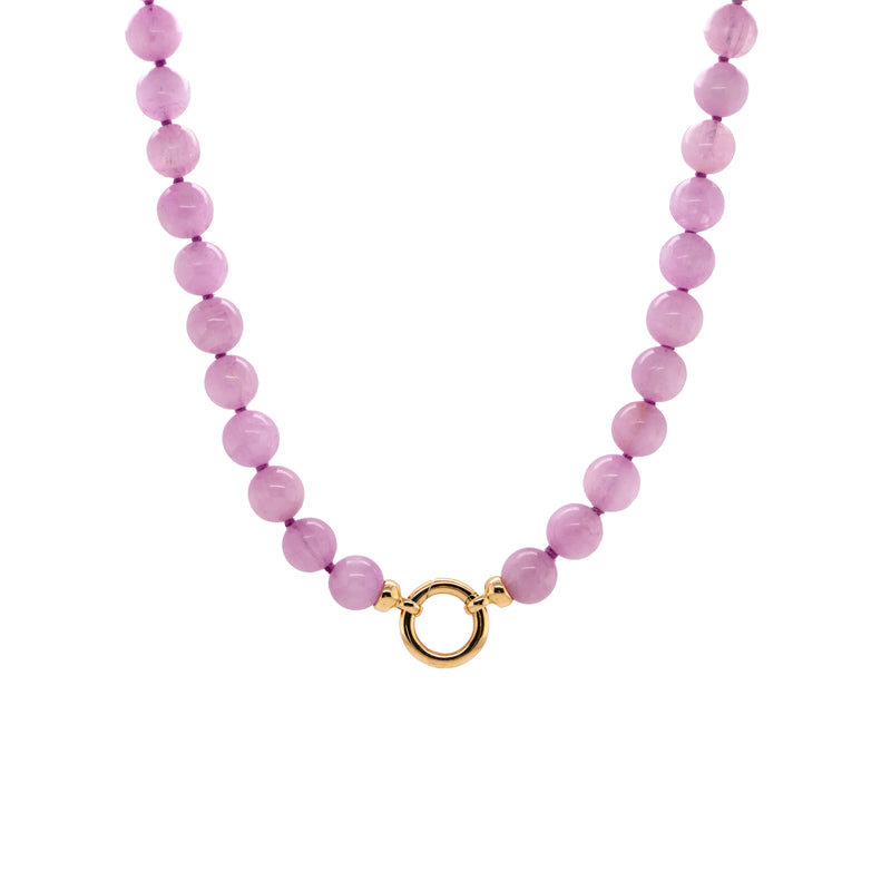 Kunzite Necklace: A necklace with purple pink round beads and gold beads, featuring a gold ring clasp.