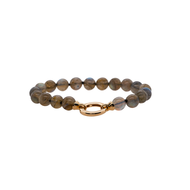Labradorite Bracelet: A bracelet with a gold-tone clasp, featuring a series of oval-shaped beads with a gradient of color from dark to light blue.