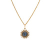 Labradorite Sunburst Necklace: A gold necklace with a sunburst pendant featuring a labradorite stone in the center, surrounded by small diamonds.
