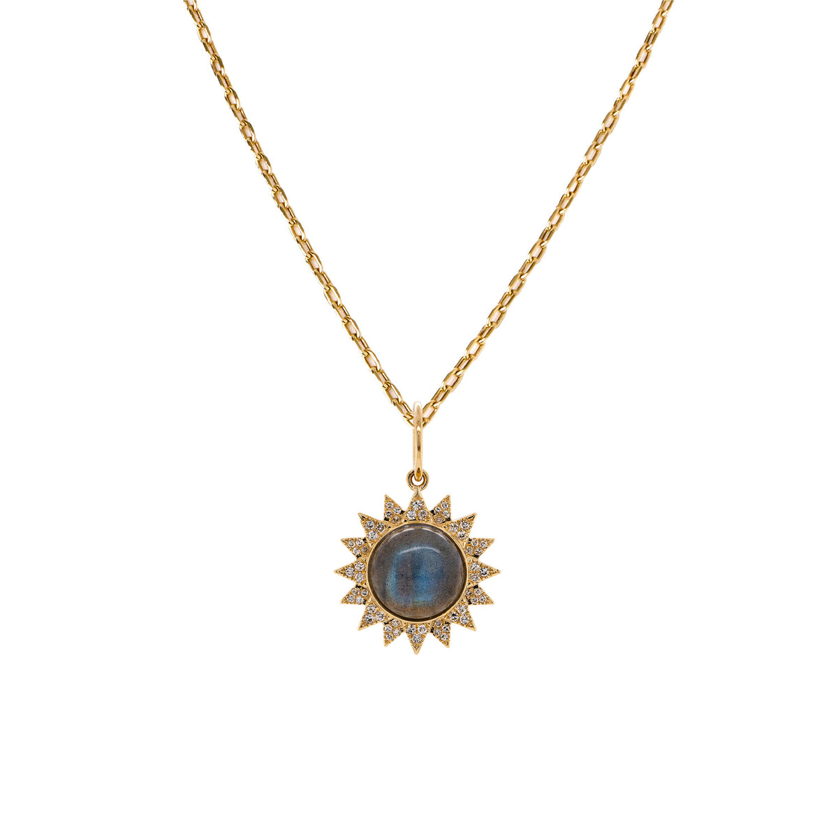 Labradorite Sunburst Necklace: A gold necklace with a sunburst pendant featuring a labradorite stone in the center, surrounded by small diamonds.