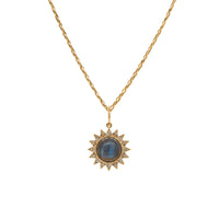 Labradorite Sunburst Necklace: A gold necklace with a sunburst pendant featuring a labradorite stone in the center, surrounded by small diamonds.