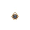Labradorite Sunburst Pendant: A 14K gold sunburst pendant featuring a labradorite stone in the center, surrounded by small diamonds.