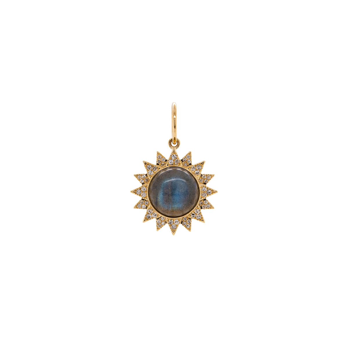 Labradorite Sunburst Pendant: A 14K gold sunburst pendant featuring a labradorite stone in the center, surrounded by small diamonds.