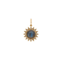 Labradorite Sunburst Pendant: A 14K gold sunburst pendant featuring a labradorite stone in the center, surrounded by small diamonds.
