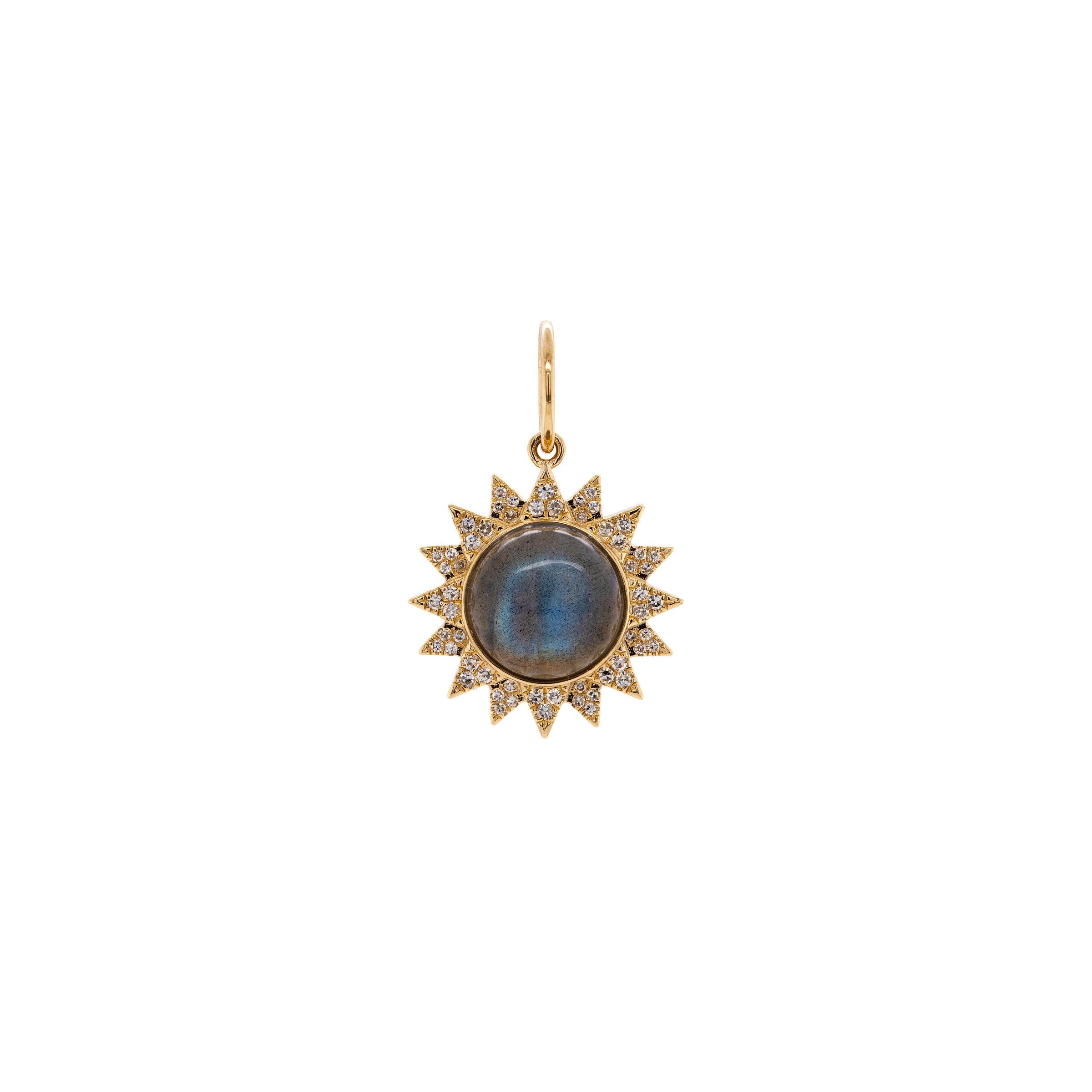 Labradorite Sunburst Pendant: A 14K gold sunburst pendant featuring a labradorite stone in the center, surrounded by small diamonds.