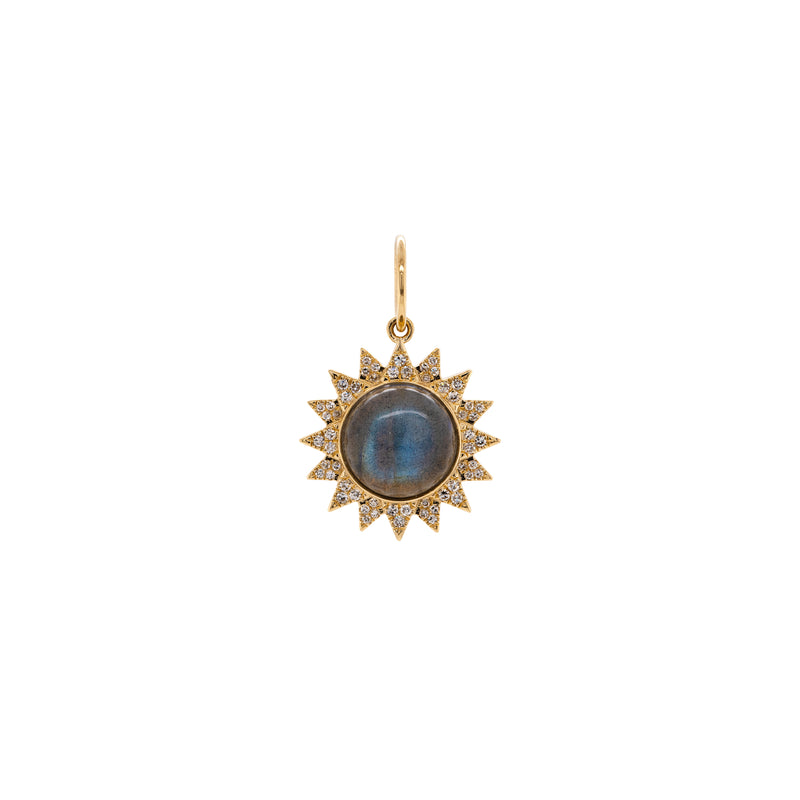 Labradorite Sunburst Pendant: A 14K gold sunburst pendant featuring a labradorite stone in the center, surrounded by small diamonds.