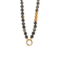 Labradorite with Gold Beads Necklace: A necklace with round labradorite beads, 3 gold beads, and a gold round charm clasp.