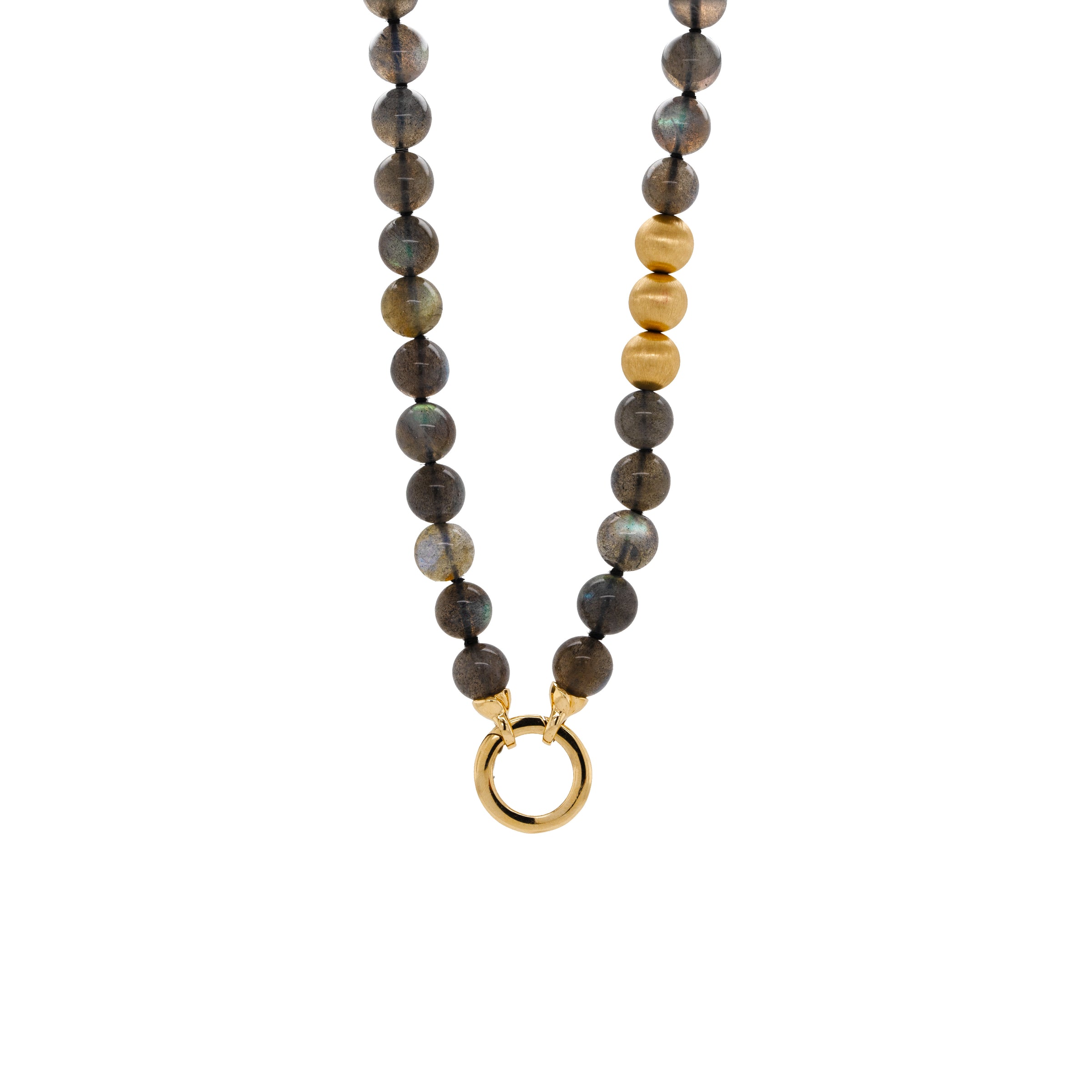Labradorite with Gold Beads Necklace: A necklace with round labradorite beads, 3 gold beads, and a gold round charm clasp.